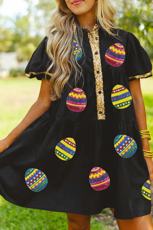 Black Glistening Easter Egg Sequin Trim Half Button Puff Sleeve Dress