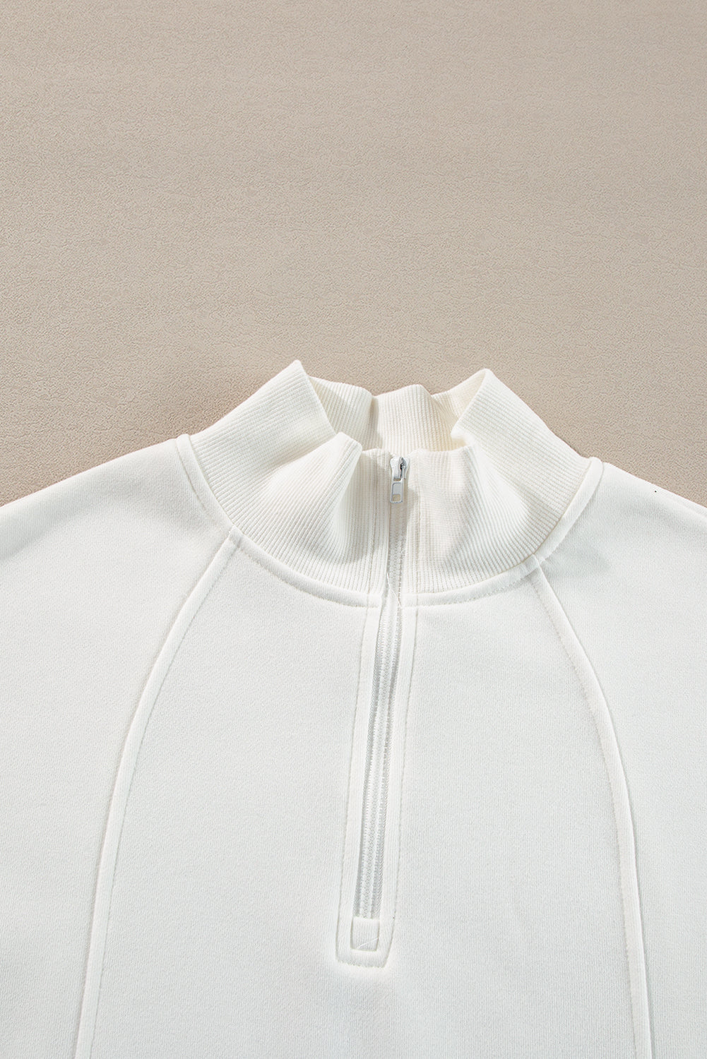 Zipped Neck Pullover Drop Shoulder Sweatshirt | White