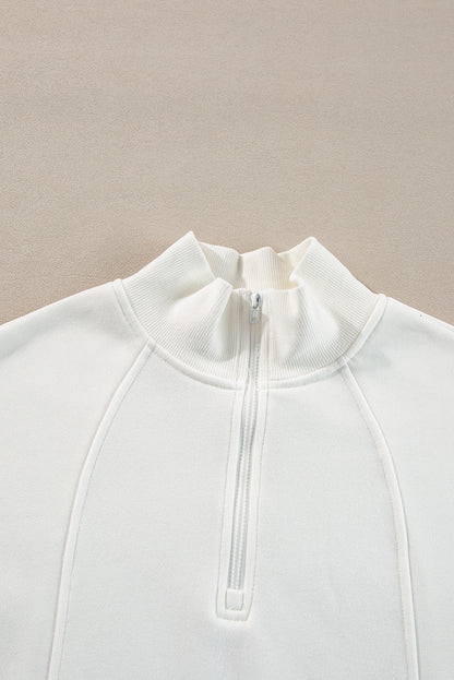 Zipped Neck Pullover Drop Shoulder Sweatshirt | White