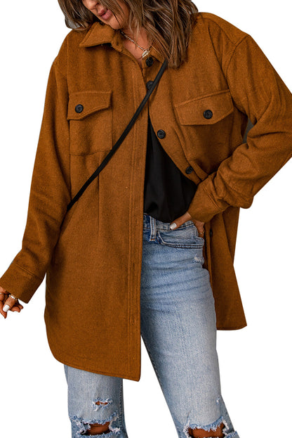 Long Sleeve Pockets Buttoned Shirt Jacket | Brown