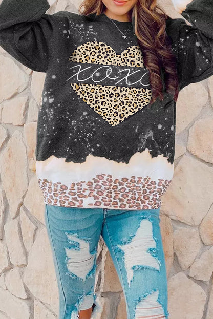 Xoxo Heart Leopard Splicing Pullover Sweatshirt | Black