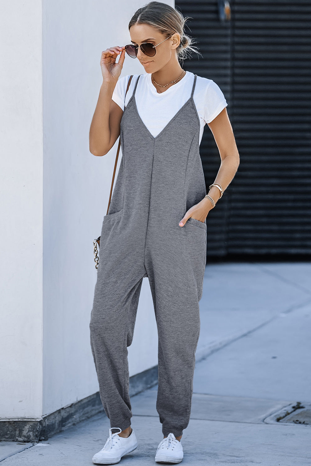 Textured Sleeveless V-Neck Pocketed Casual Jumpsuit | Gray