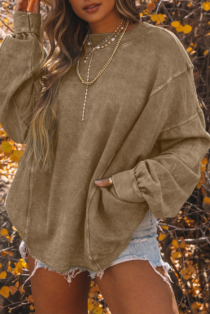 Khaki Exposed Seam Twist Open Back Oversized Sweatshirt