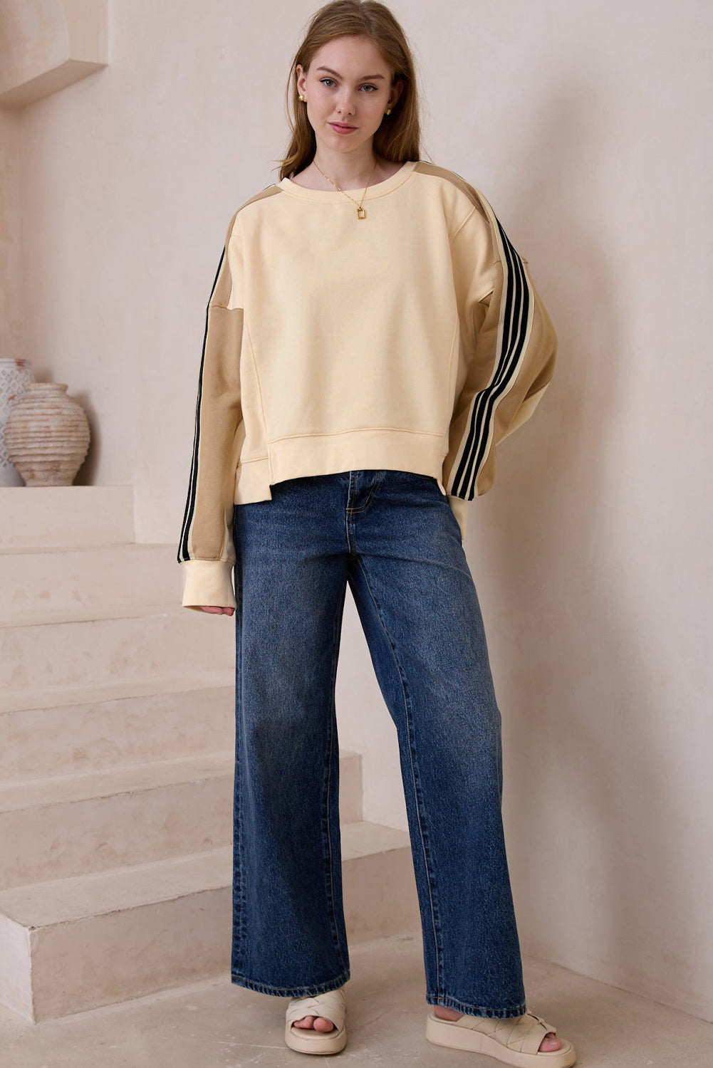 Contrast Striped Patchwork Drop Shoulder Loose Sweatshirt | Beige