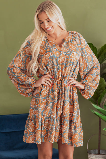 Paisley Print Loose Fit Drawstring High Waist Mini Dress | Orange