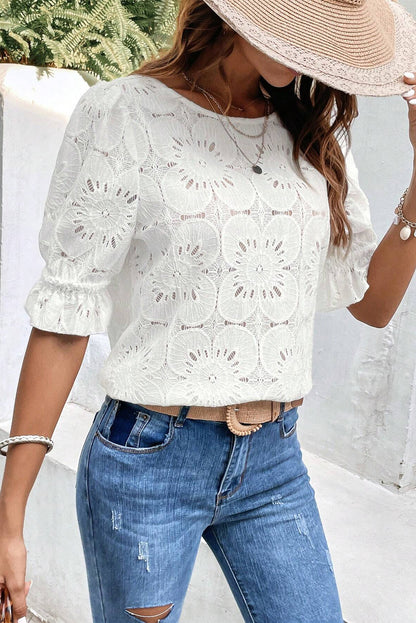 Flower Eyelet Jacquard Keyhole Flounce Sleeve Top | White