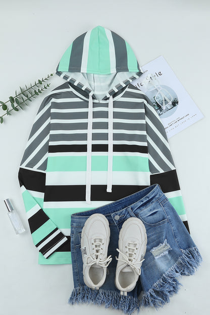 Striped Drawstring Long Sleeve Hoodie | Green