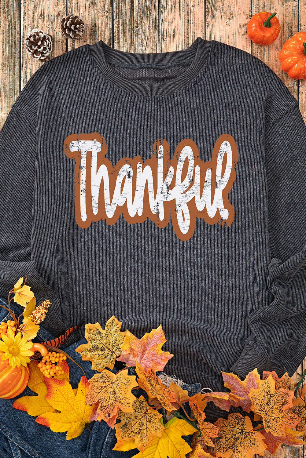 Thankful Printed Drop Shoulder Corded Thanksgiving Sweatshirt | Gray