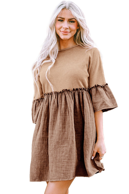 Waffle Crinkle Patchwork Frilled Flare Dress | Khaki