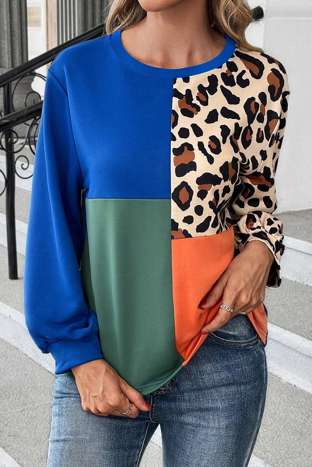 Leopard Print Colourblock Long Sleeve Top | Dark Blue