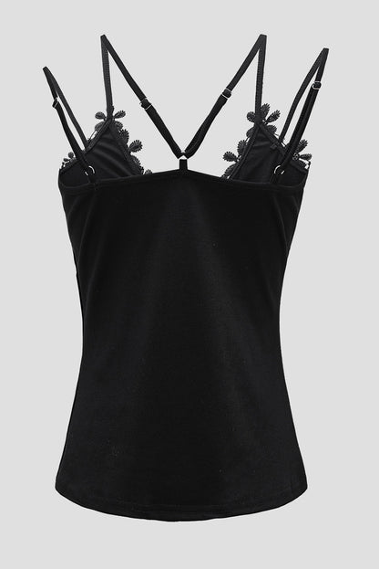 Lace Overlay Strappy Hollow-Out Tank Top | Black