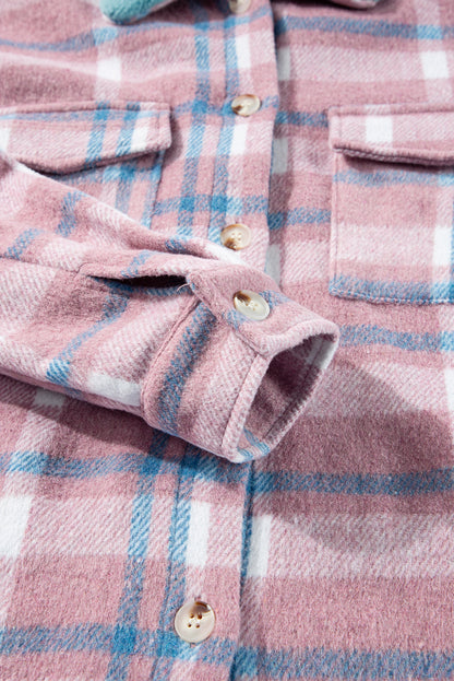 Plaid Print Colour Block Collared Flap Pockets Loose Shacket | Pink