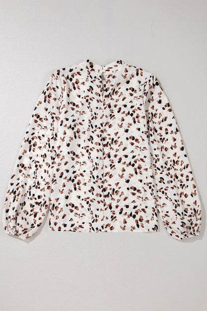 Leopard Print Lantern Sleeve Mock Neck Pleated Blouse | White