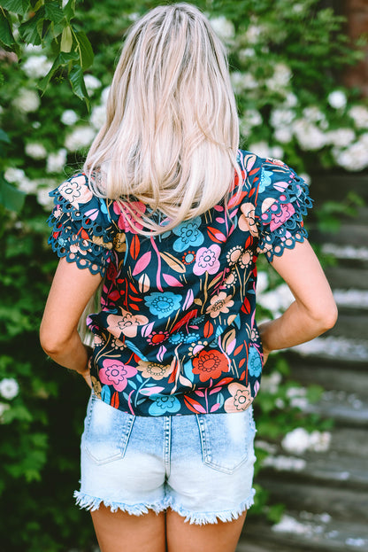 Trimmed Ruffle Sleeve Summer Floral Blouse | Green