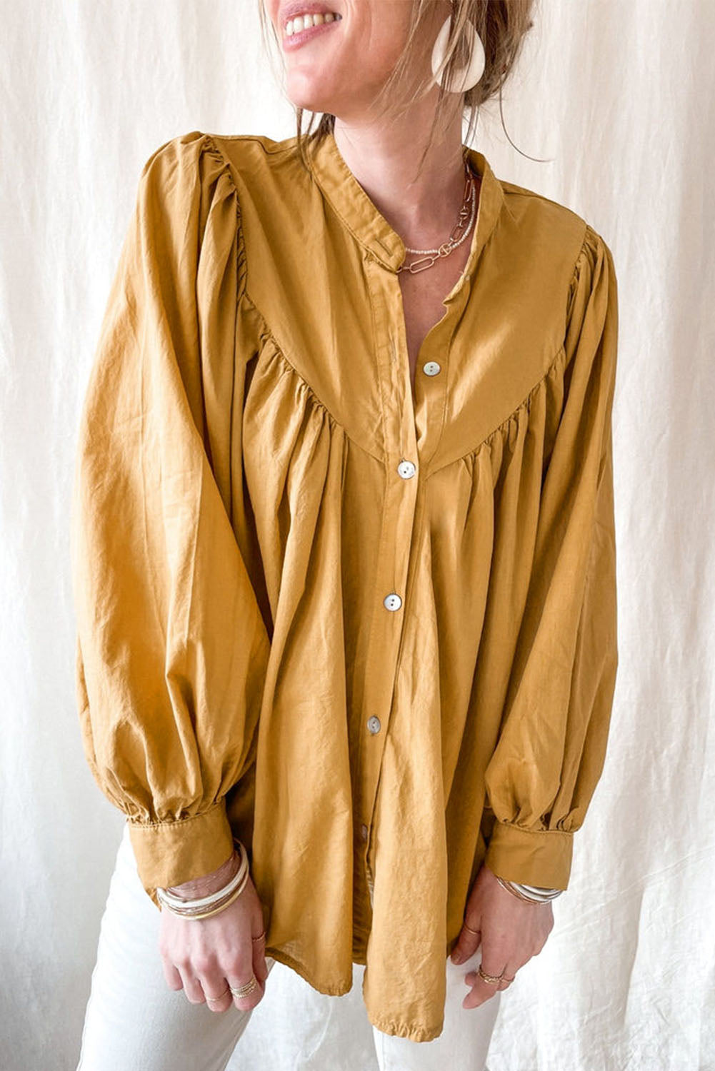 Puff Sleeve Pleated Loose Shirt | Yellow