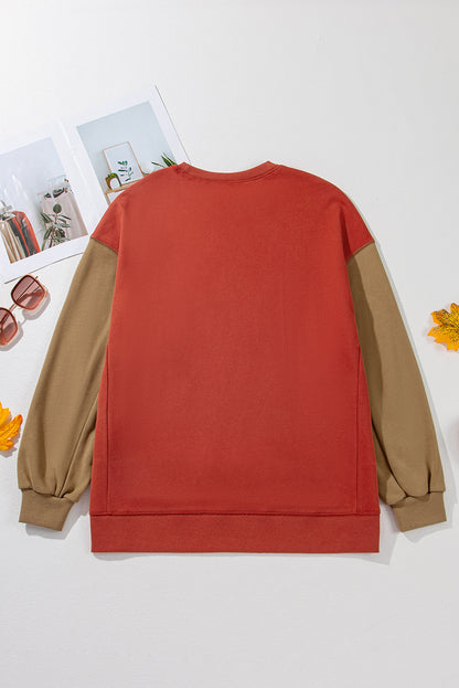 Two Tone Patchwork Drop Shoulder Pullover Sweatshirt | Gold Flame