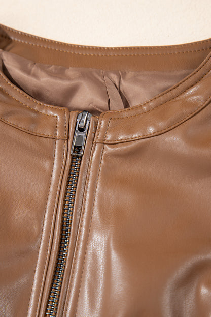 Solid Faux Leather Zipper Slim Fit Bomber Jacket | Chestnut