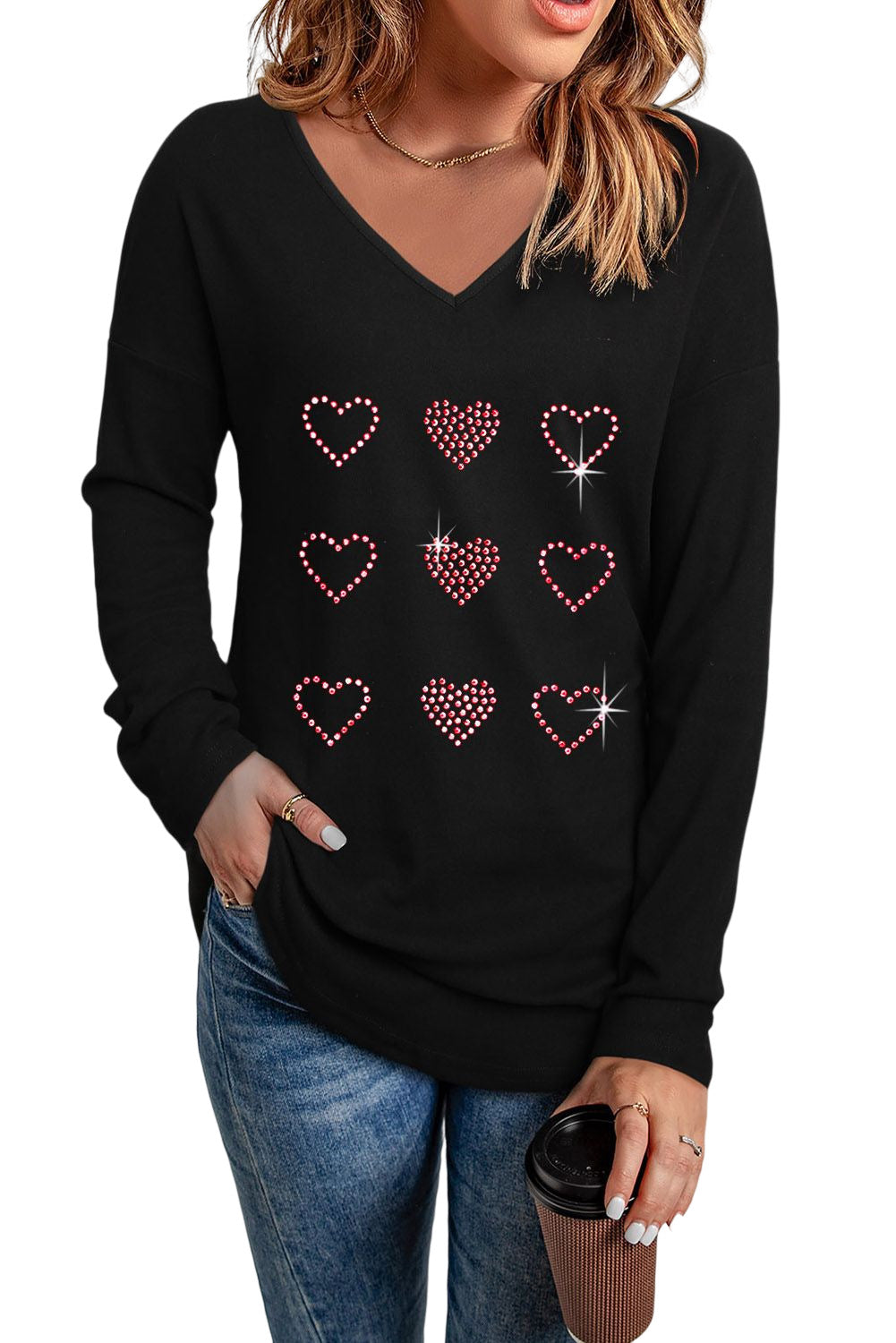 Valentines Day Rhinestone Heart Graphic Long Sleeve Tee | Black