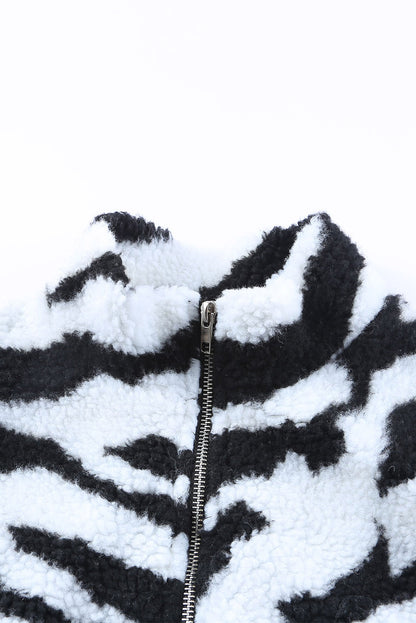 Zebra Teddy Zip-Up High Neck Jacket | Black