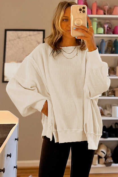 Waffle Knit Bishop Sleeve Split Oversized Top | White