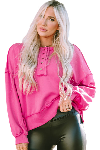 Drop Shoulder Henley Buttons Sweatshirt | Strawberry Pink