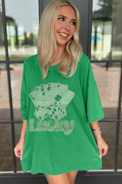 Rhinestone Lucky Poker Cards Oversized T Shirt Mini Dress | Bright Green