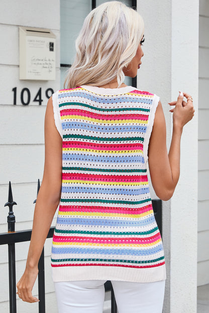 Colourful Stripe Scalloped Trim Sweater Vest | White