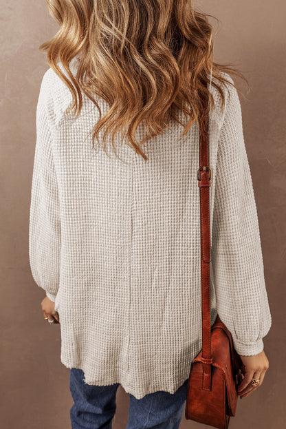 Waffle Knit Buttoned Front Raglan Sleeve Loose Blouse | Oatmeal