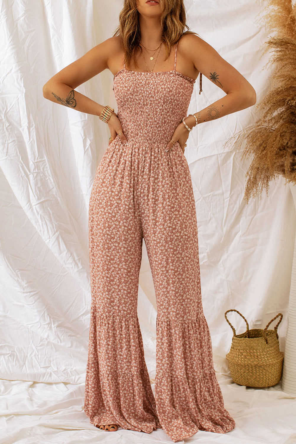 Thin Straps Smocked Bodice Wide Leg Floral Jumpsuit | Khaki