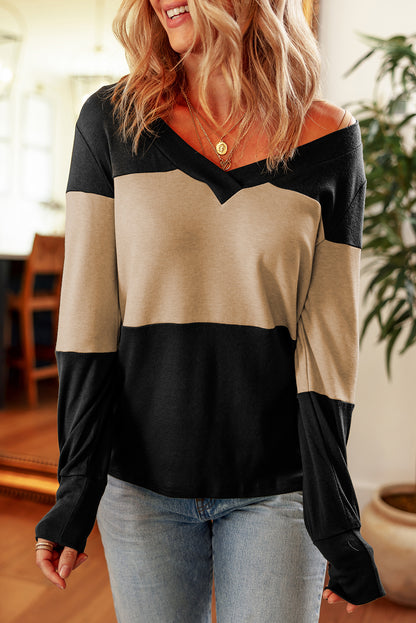 Colourblock Button Decor Long Sleeve V Neck Top | Parchment