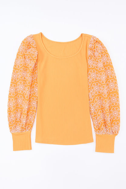 Flower Puff Sleeve Ribbed Knit Top | Yellow