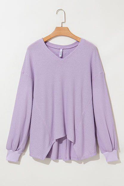 Waffle V Neck Long Sleeve Drop Shoulder Loose Blouse | Orchid Petal