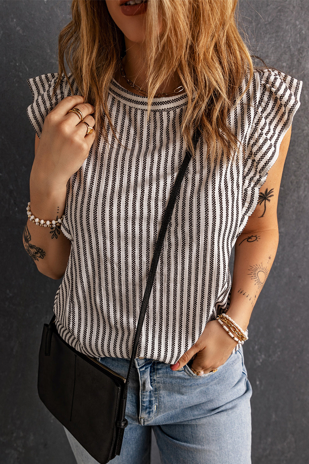 Crew Neck Ruffled Striped Tank Top | Gray