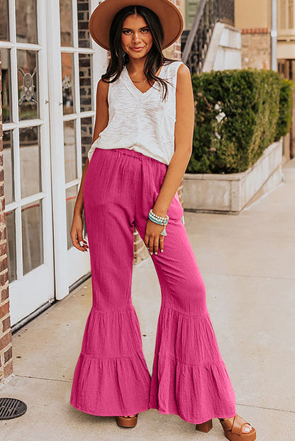 Textured High Waist Ruffled Bell Bottom Pants | Rose