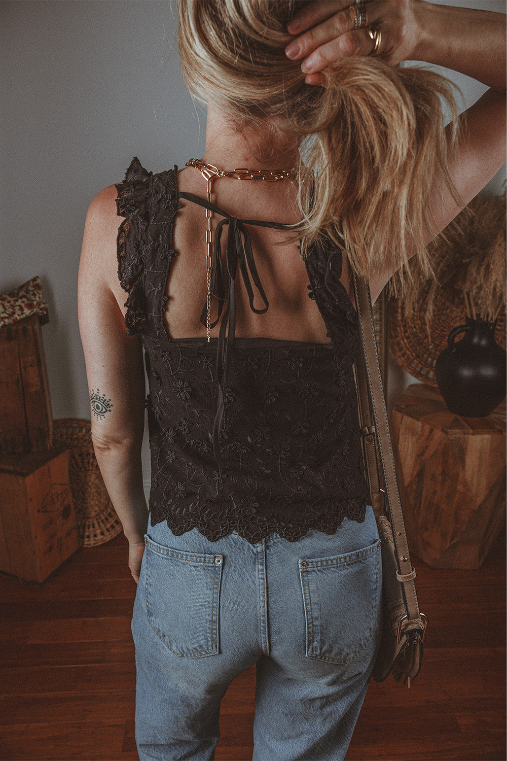 Floral Embroidered Buttoned Square Neck Tank Top | Black