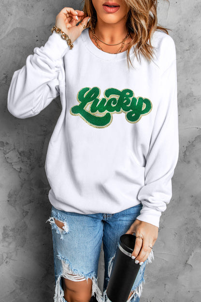 Shiny Trim Chenille Lucky Pattern Sweatshirt | White