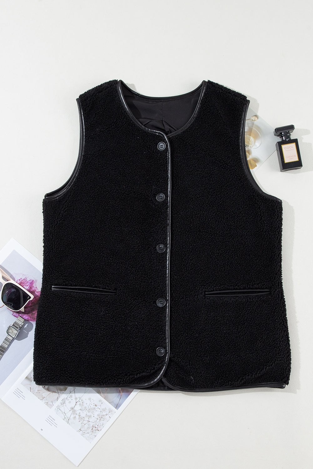 Leather Contrast Side Pockets Buttoned Fleece Vest | Black