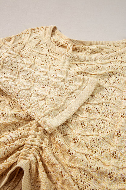 Hollowed Knit Asymmetric Drawstring Sweater | Khaki