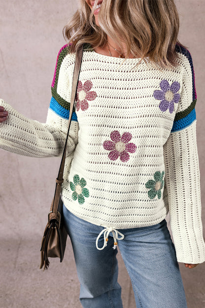 Daisy Flower Pointelle Knit Sweater | White