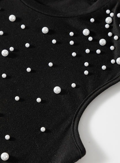 Pearls Beaded Shoulder Pad Crew Neck Tank Top | Black