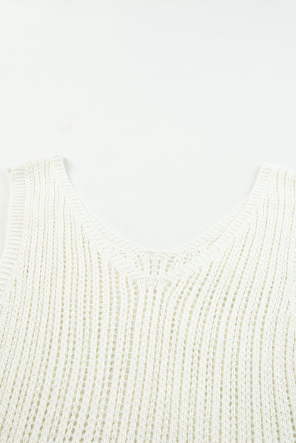 Hollowed Knit V Neck Tank Top | White