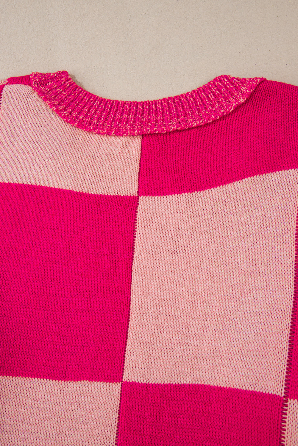 Mixed Checkered Pattern Drop Shoulder Loose Sweater | Rose Red