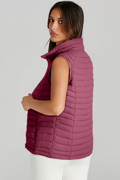 Plush Collared Quilted Zipped Puffer Vest | Burgundy