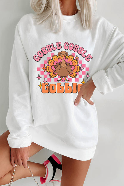 Gobble Gobble Turkey Graphic Crewneck Thanksgiving Sweatshirt | White