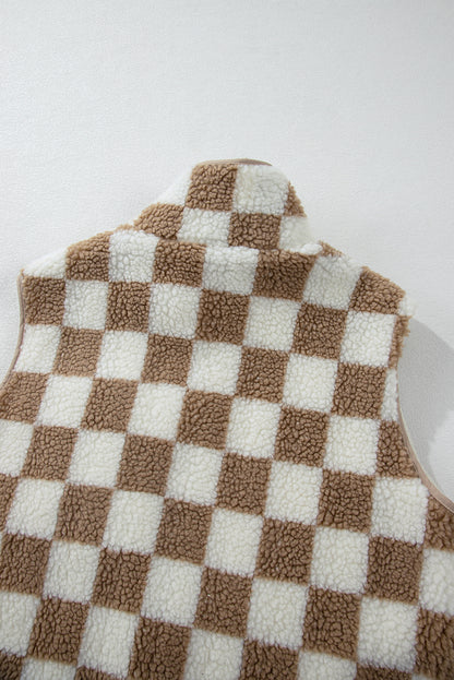 Checkered Sherpa Collared Jacket Vest | Khaki