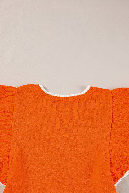 Contrast Trim Ruffle Sleeve Knitted Top | Russet Orange