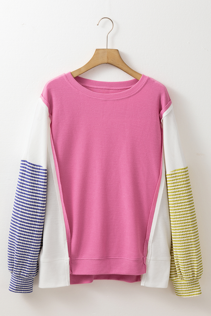 Exposed Seam Striped Colour Block Patchwork Long Sleeve Top | Sachet Pink