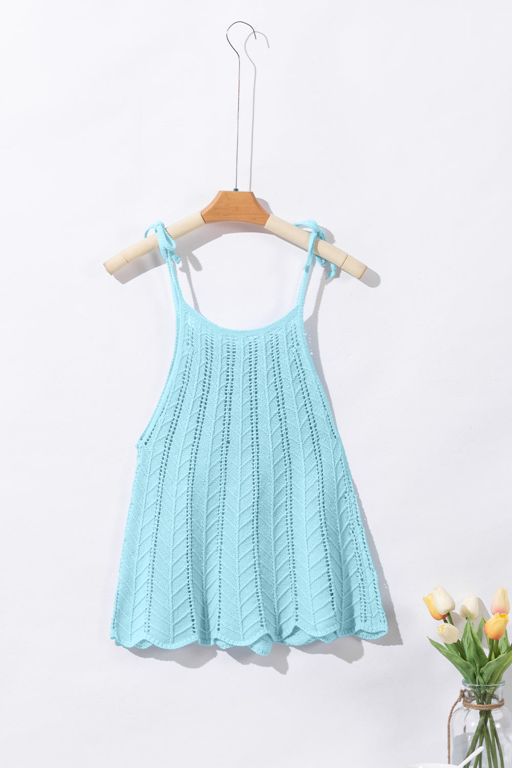 Tied Shoulder Pointelle Knit Tank Top | Beau Blue