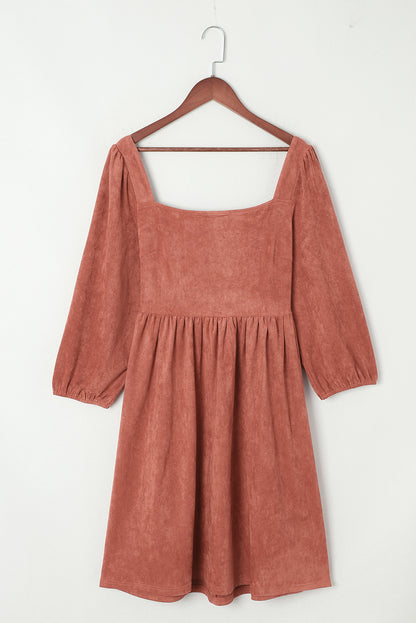 Suede Square Neck Puff Sleeve Dress | Brown