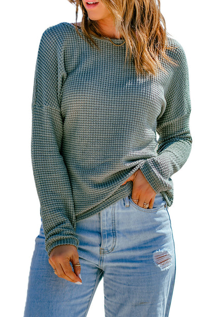 Waffle Knit Drop Shoulder Long Sleeve Top | Green